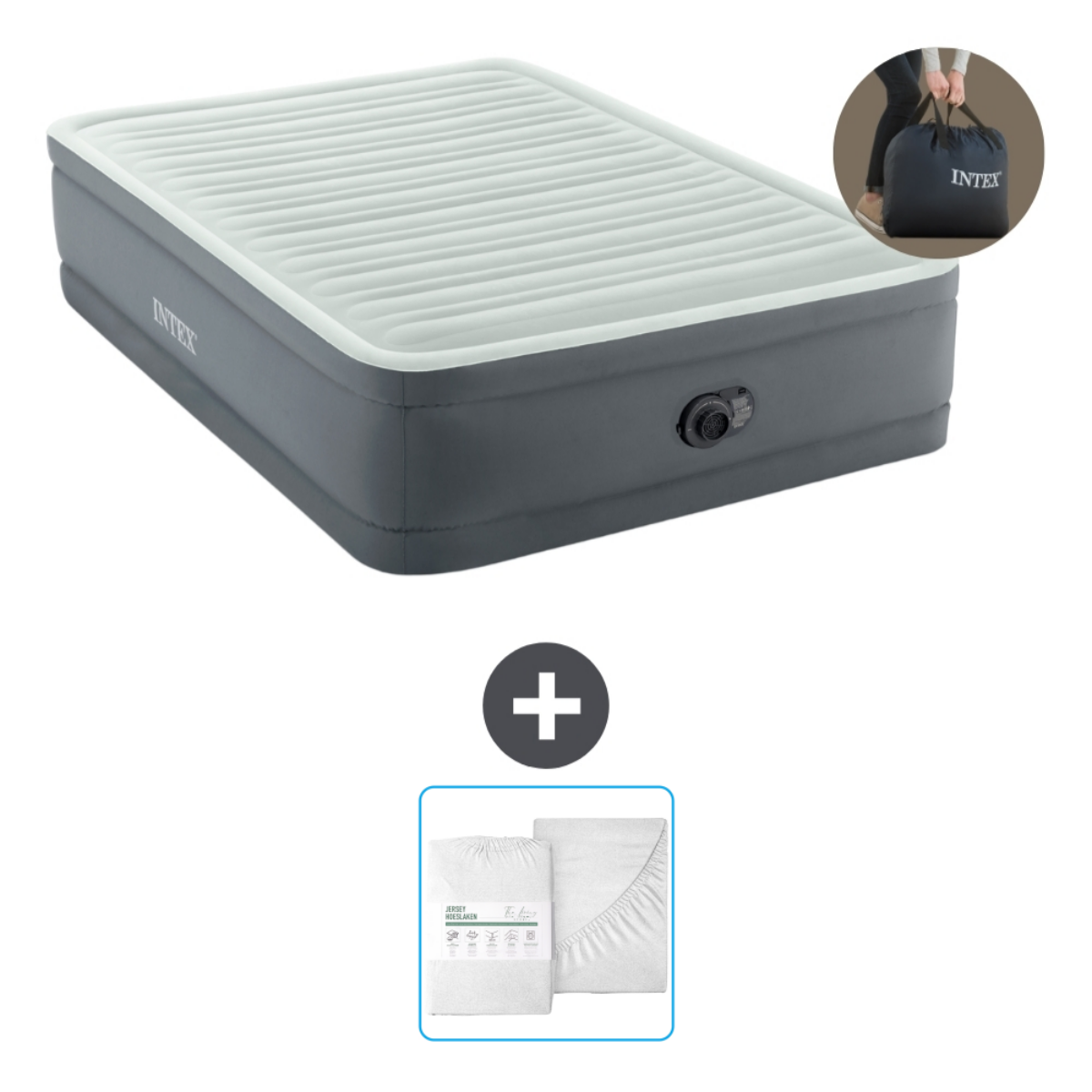 Grijze en witte Intex luchtmatras met accessoires. Inclusief draagtas en grijze beddengoedset.