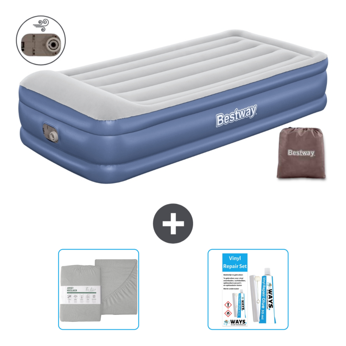 Matelas gonflable Bestway bleu avec sac, parure de draps et kit de réparation.