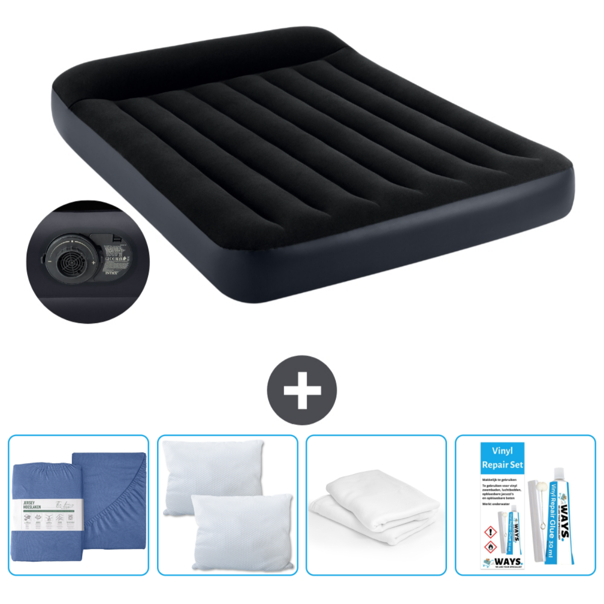 Un matelas pneumatique noir avec gonfleur. Le matelas est dans un pack avec un ensemble de draps bleus, des oreillers et un kit de réparation.