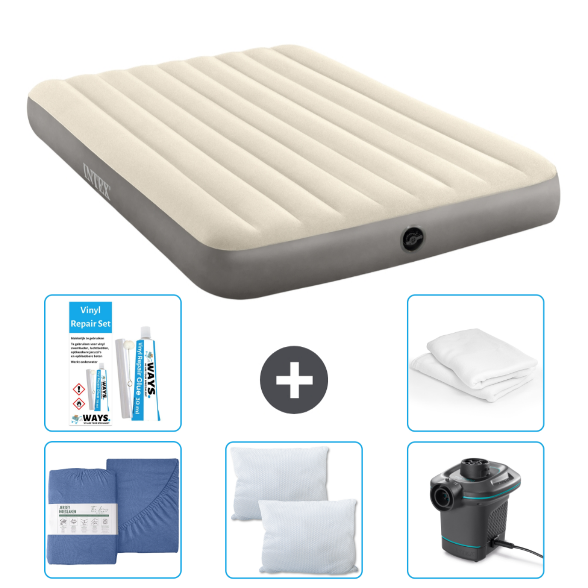 Matelas pneumatique avec accessoires, dont un kit de réparation, draps, oreillers et pompe.