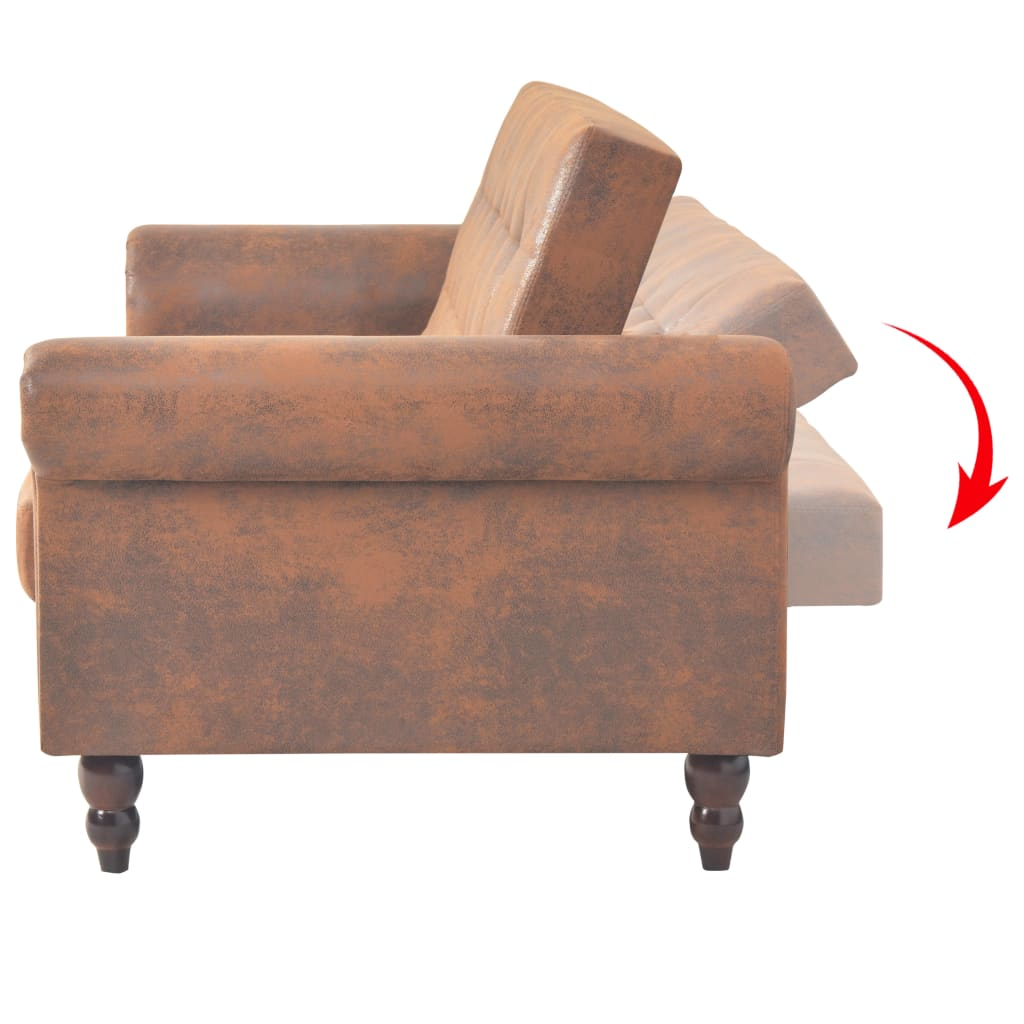 Braunes Sofa mit Rückenlehnenverstellung. Roter Pfeil zeigt die Bewegung der Rückenlehne an.