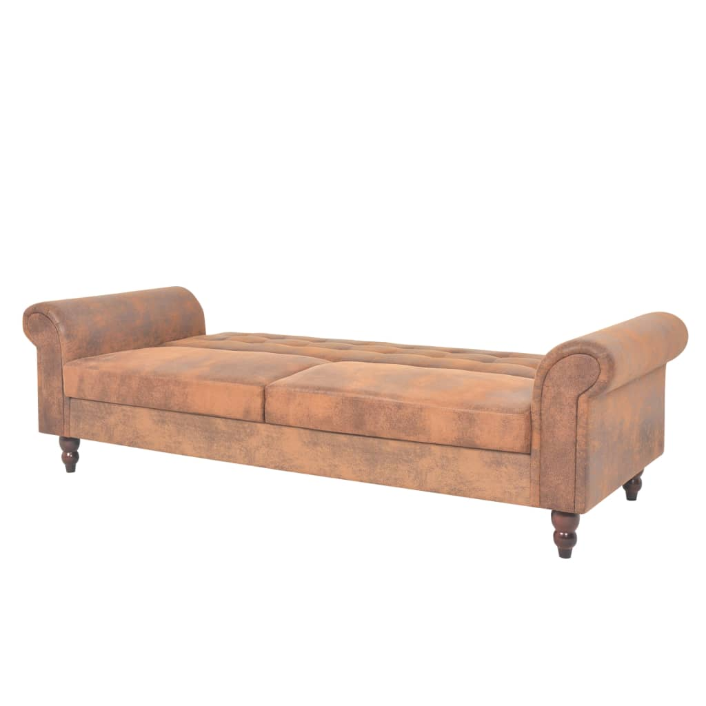 Braunes Kunstleder-Futonsofa mit geschwungenen Armlehnen und Holzbeinen.