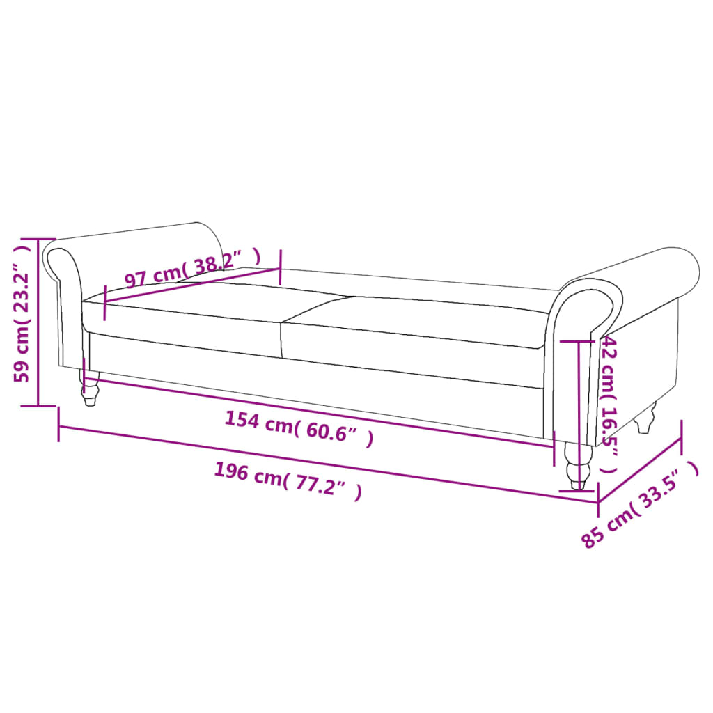 Eine weiße Chaiselongue mit den Maßen: 196cm x 85cm x 59cm. Die Oberseite ist in zwei Teile geteilt.