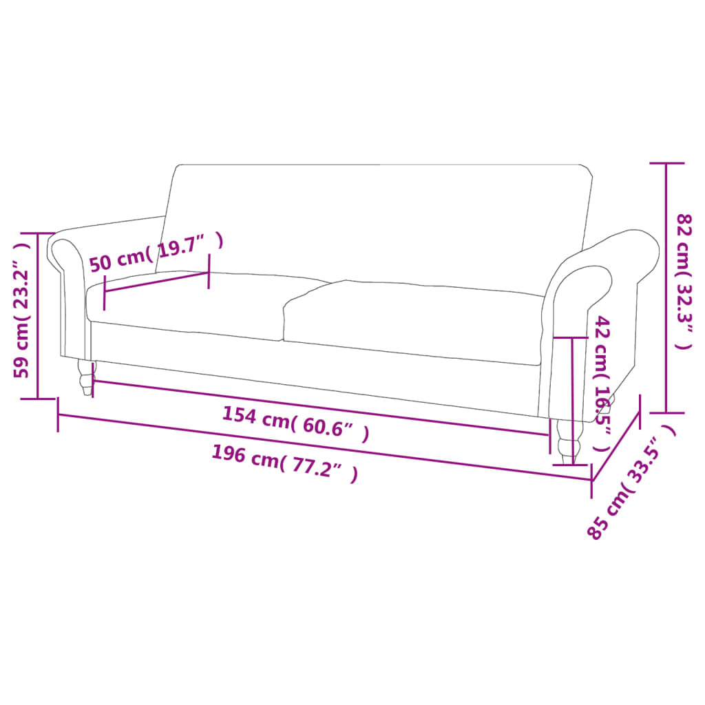 Ein weißes Sofa mit Abmessungen in cm. Maße sind angegeben.
