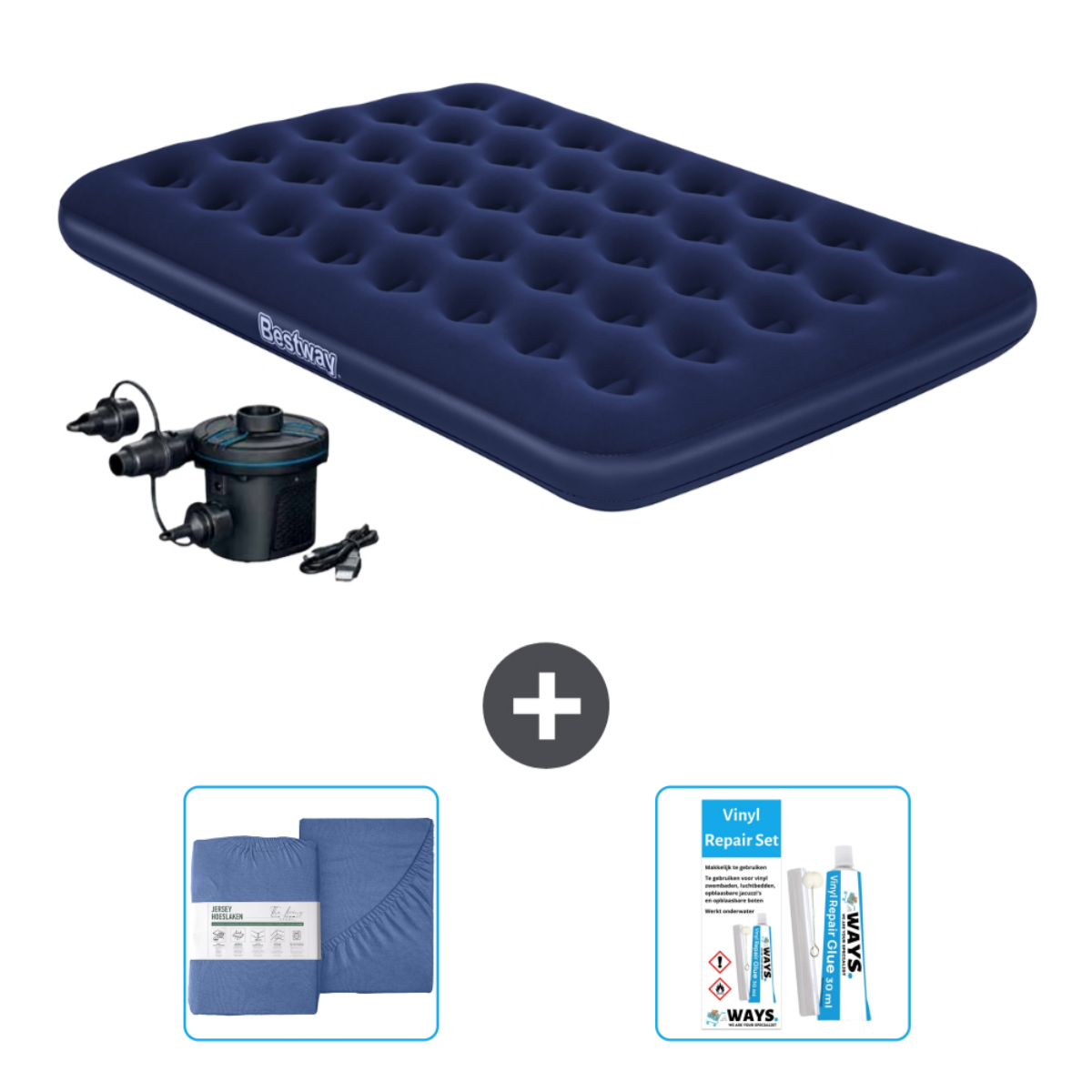 Blauw opblaasbed met lakens, reparatieset en een plus.
