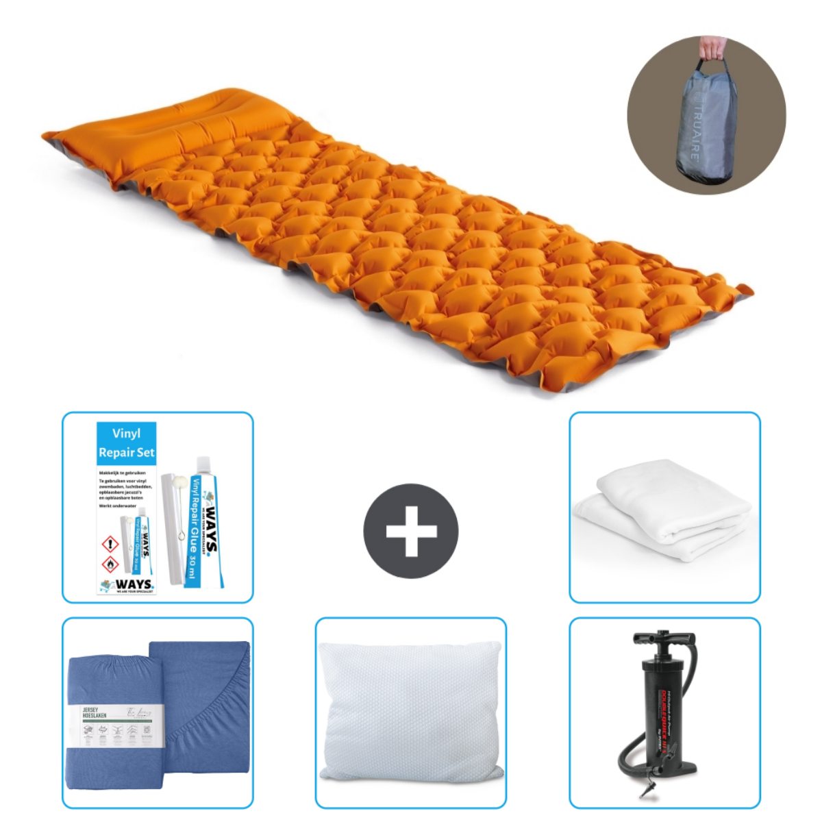 Een oranje opblaasmatras met accessoires, waaronder lakens, kussens, een reparatieset en een pomp. Op wit.