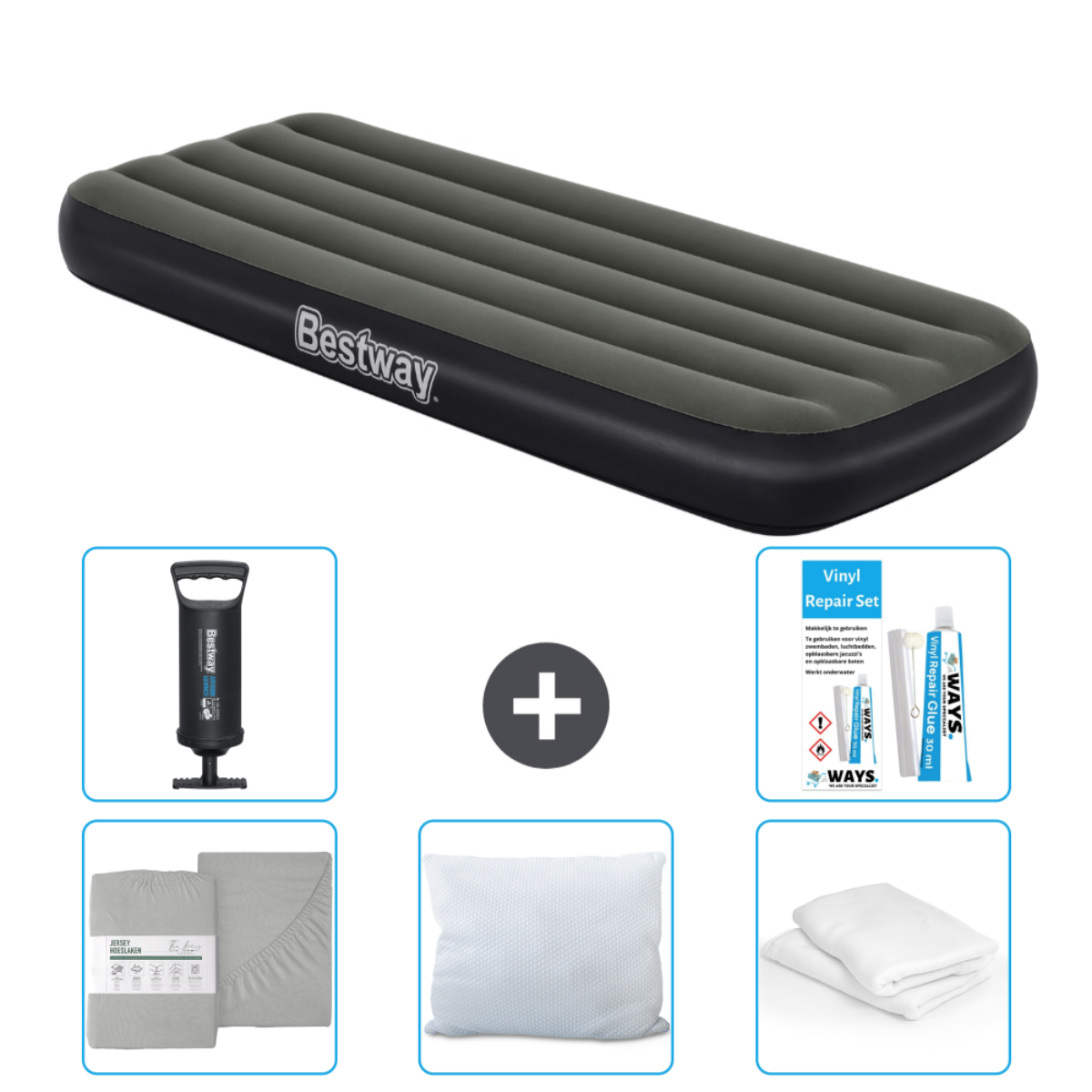 Grijze Bestway luchtmatras met pomp, lakenpakket, kussen en reparatieset.