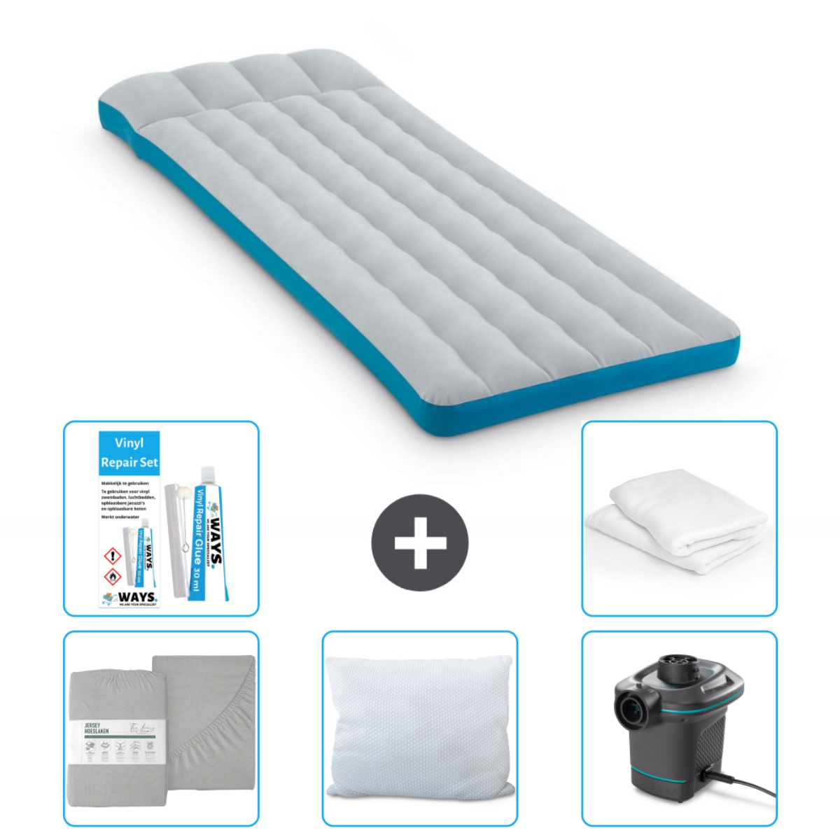 Grijs en blauw opblaasbaar matras met reparatieset, lakenset, kussen en pomp.