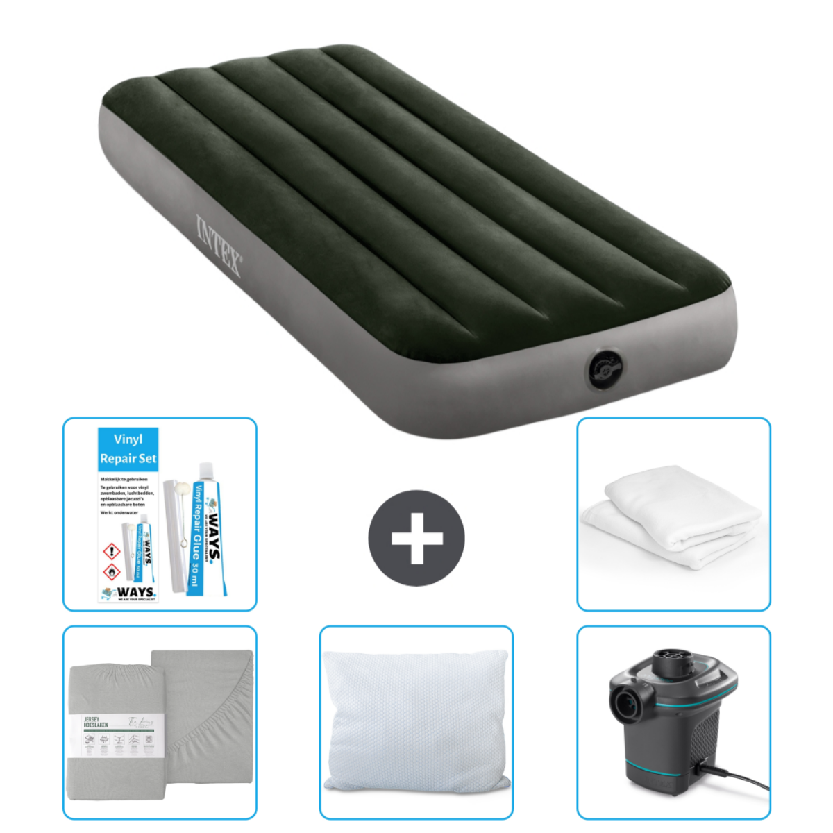 Donkergroen opblaasmatras met accessoires: lakens, kussen, reparatieset en pomp.
