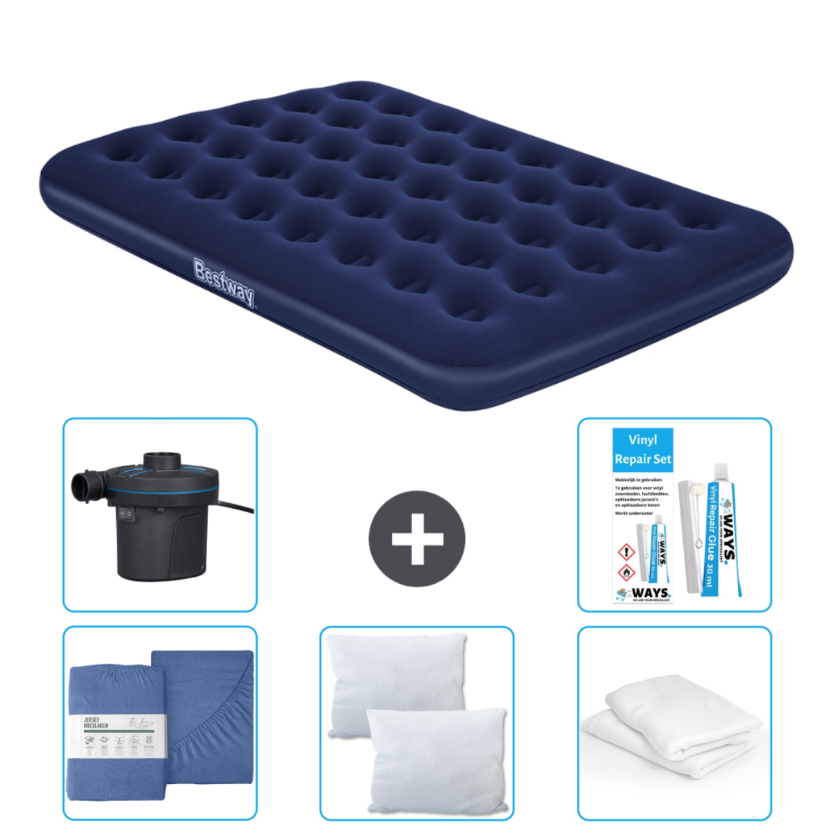 Blauw Bestway luchtbed, pomp, reparatieset, blauwe lakens en witte kussens.