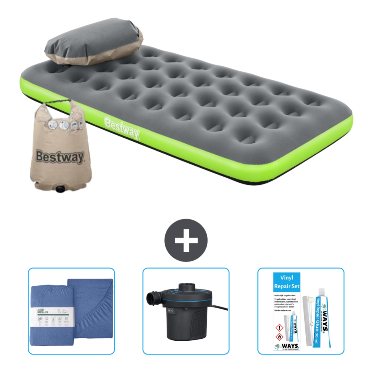 Matelas gonflable gris et vert avec accessoires : draps, pompe et kit de réparation.