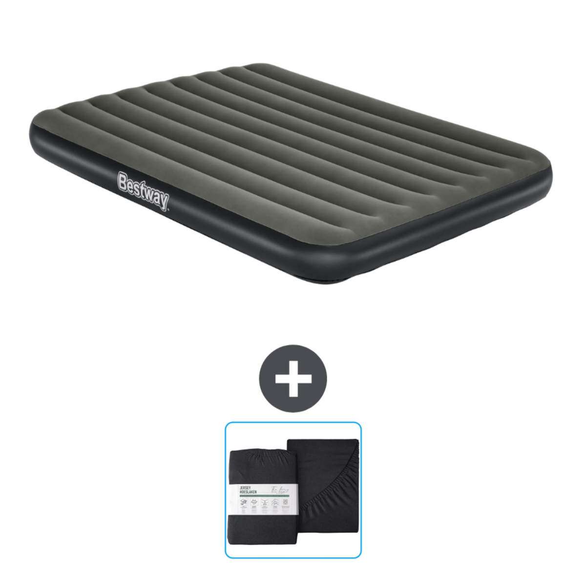 Matelas pneumatique gris foncé avec draps.