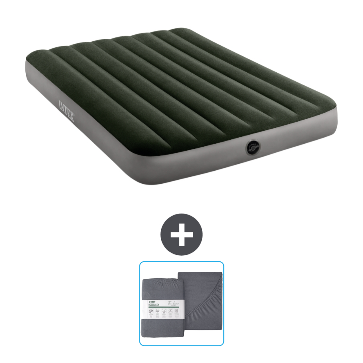 Matelas gonflable vert foncé avec draps et un signe plus avec d'autres articles.