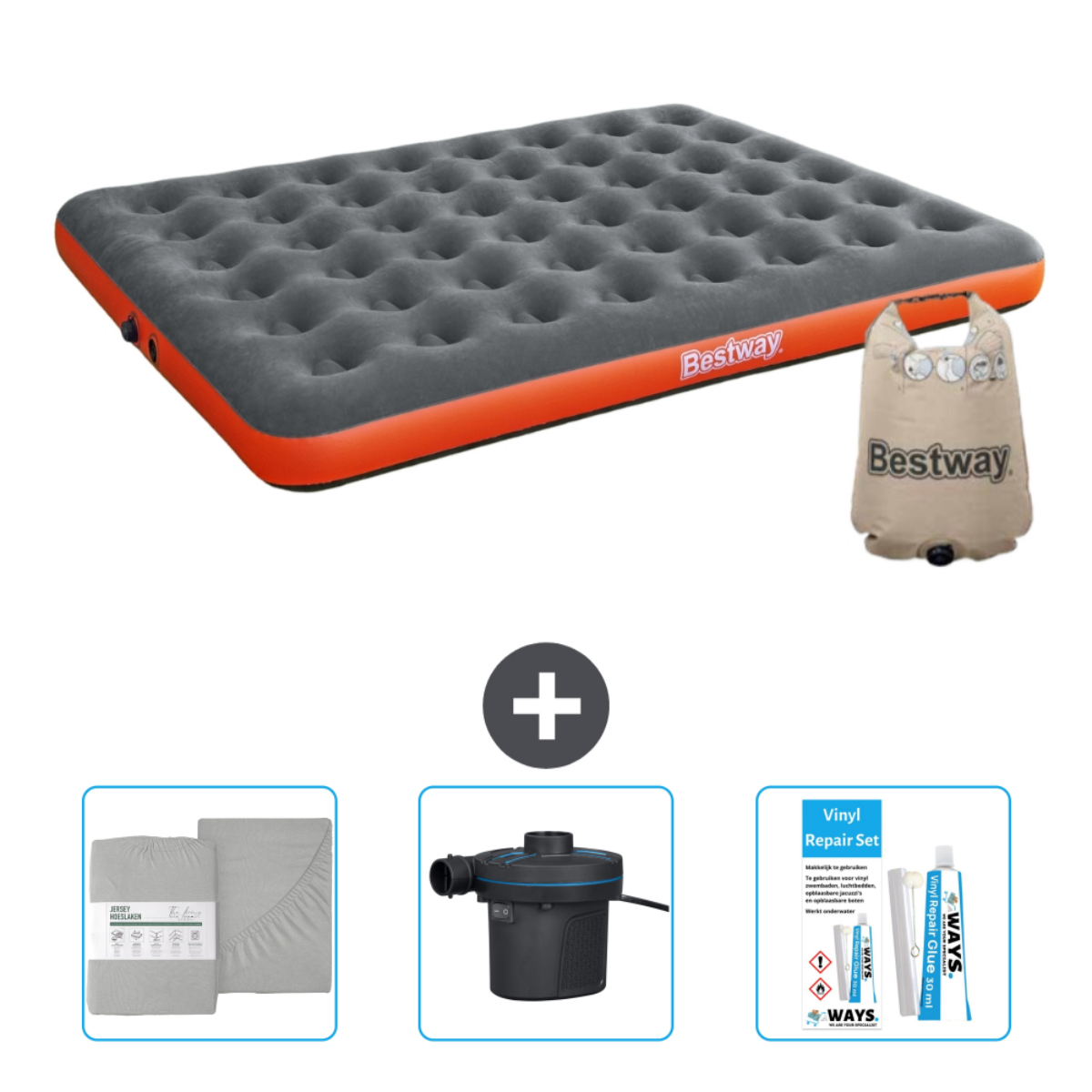 Matelas pneumatique gris et orange avec draps, pompe et kit de réparation. Blanc.