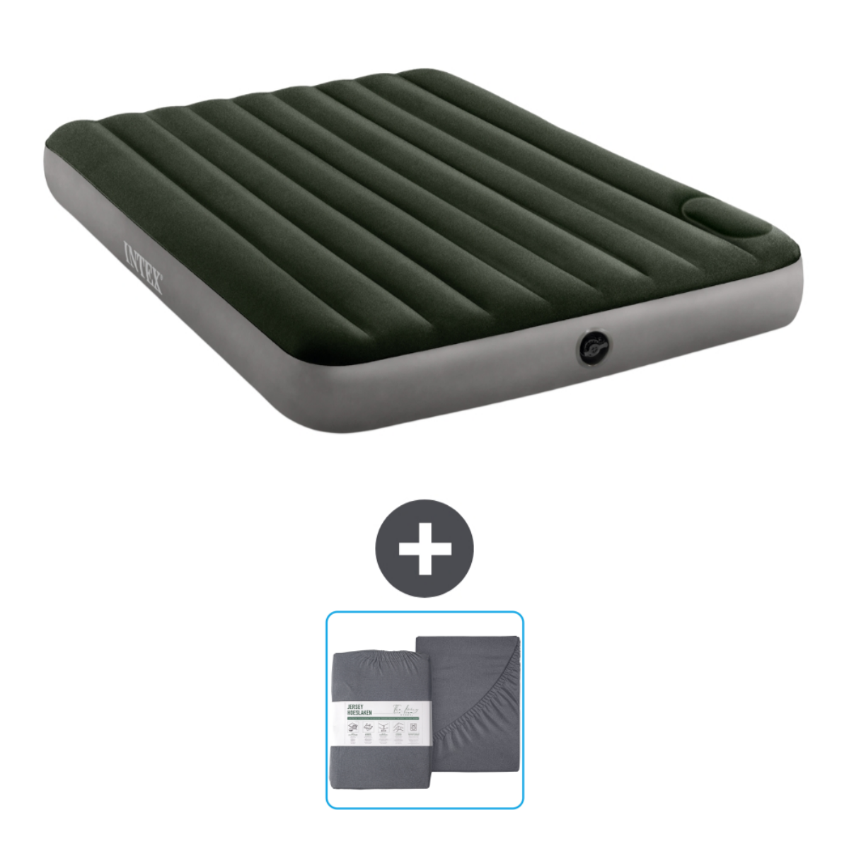 Matelas gonflable vert foncé avec côtés gris, plus draps gris.