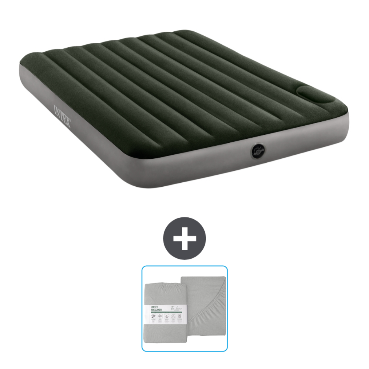 Lit gonflable vert foncé avec accessoires, dont draps.
