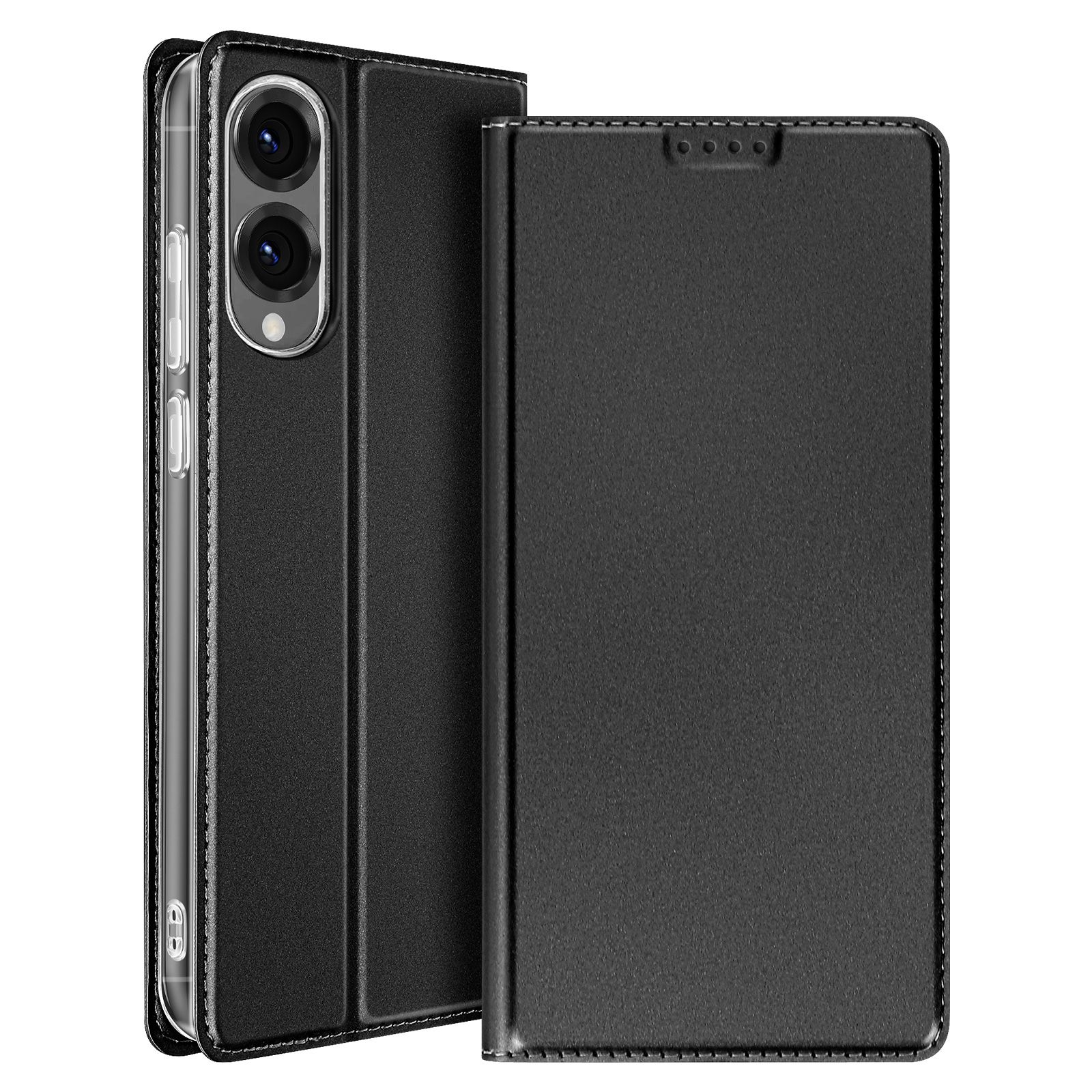 Custodia nera per telefono, telefono all'interno, mostra fotocamera e pulsanti.