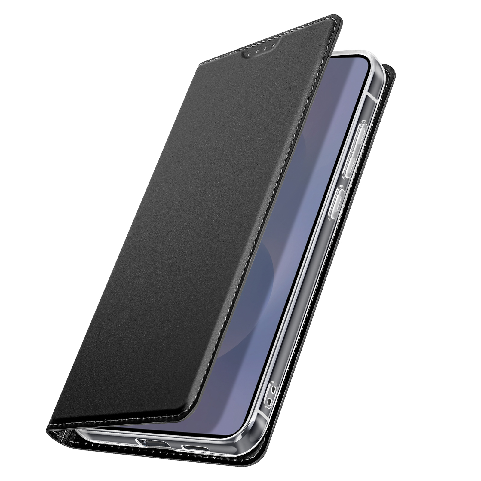 Una custodia per telefono nera con telefono dentro, aperta, che mostra schermo.