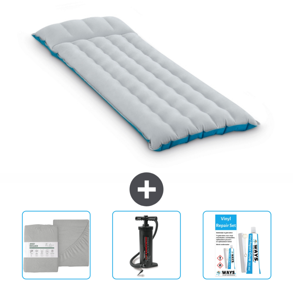 Grijs en blauw opblaasbaar matras, lakenset, pomp en reparatieset.