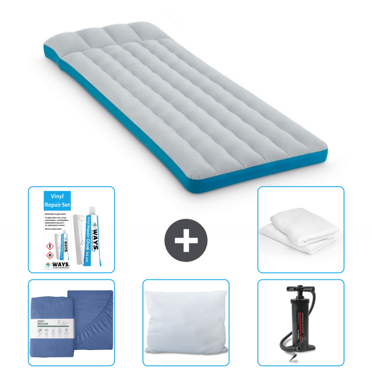 Matelas gonflable bleu avec literie, oreiller, kit et pompe.
