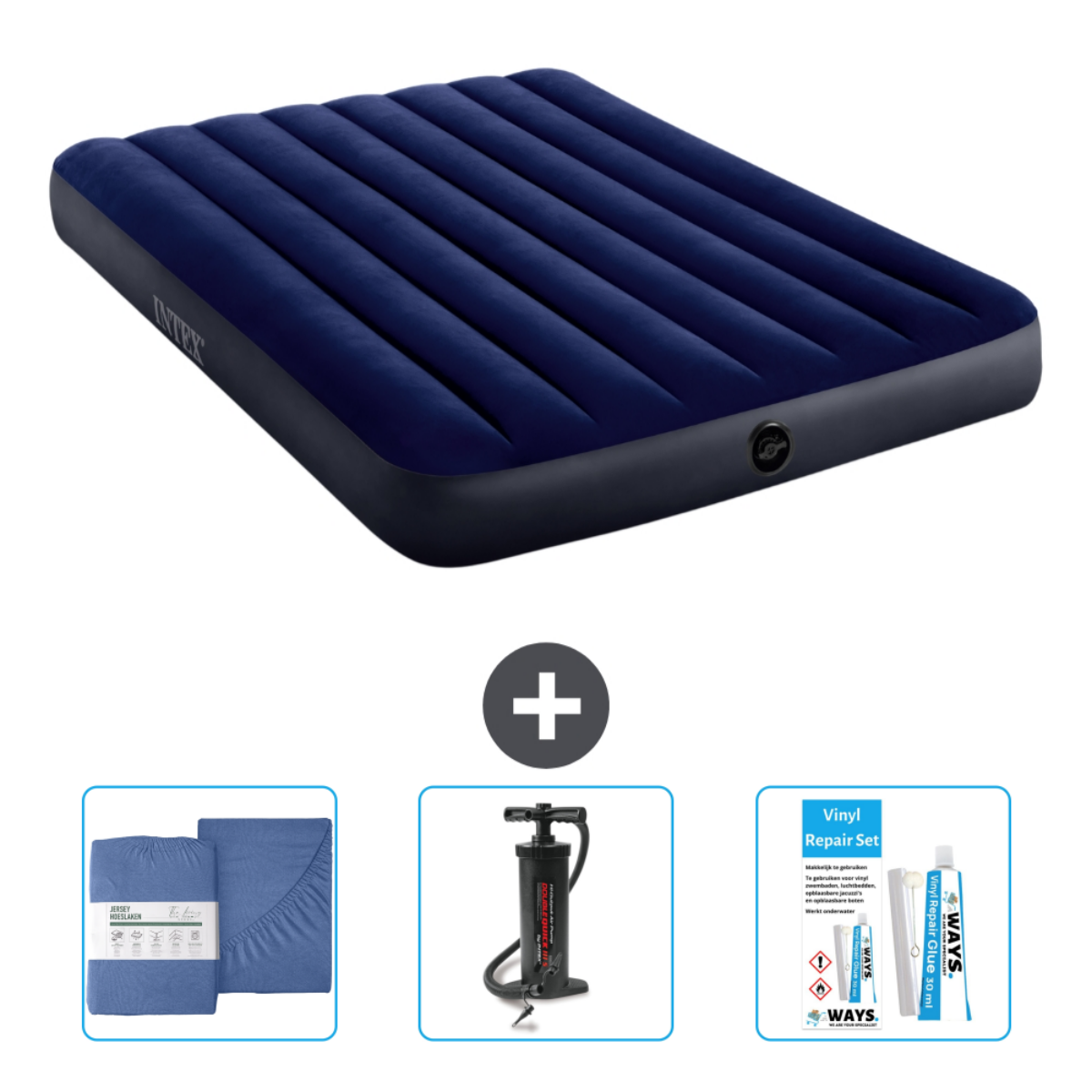 Matelas pneumatique bleu foncé avec parure de lit, pompe et kit de réparation.