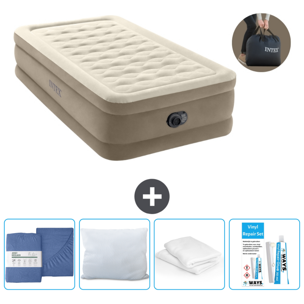 Matelas gonflable beige avec draps, oreiller et kit de réparation.