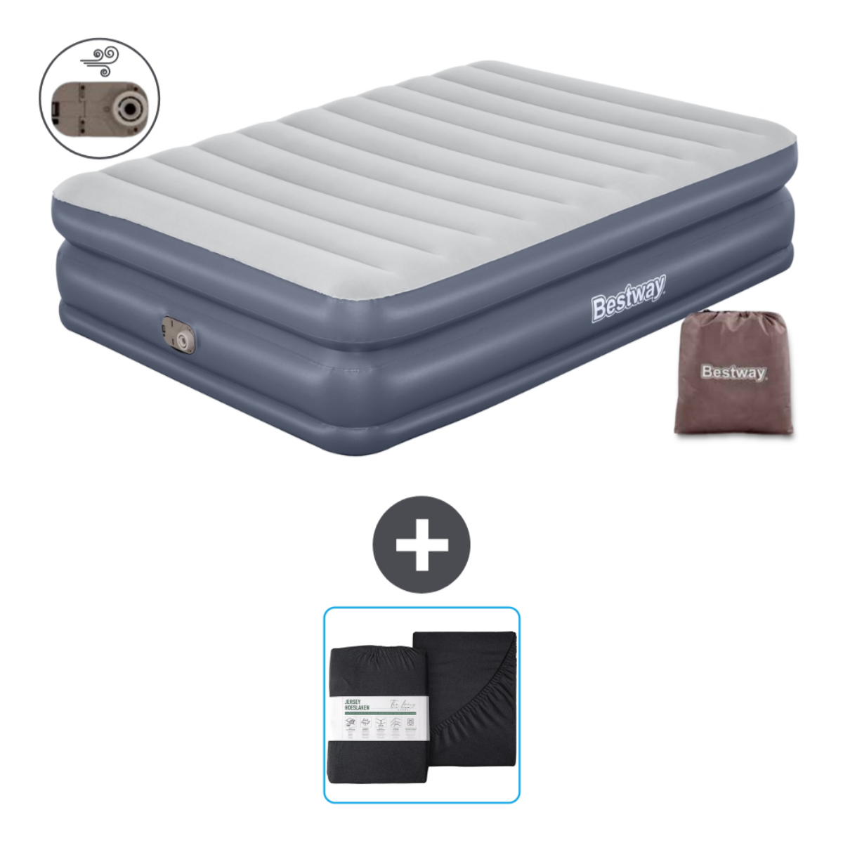 Blauw-grijze luchtmatras met lakens en een Bestway-tas. Witte achtergrond.
