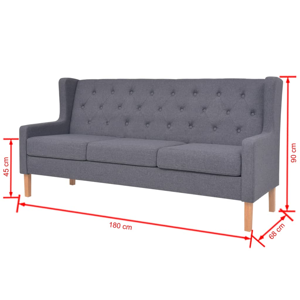 Graues Sofa mit den Maßen: 180 cm lang, 90 cm hoch, 68 cm breit.
