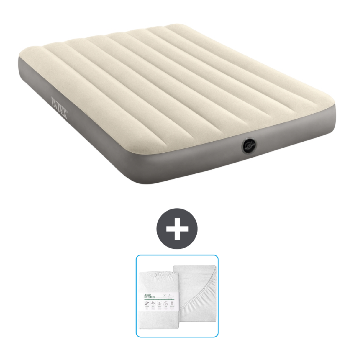 Beige Intex luchtbed en witte lakens.