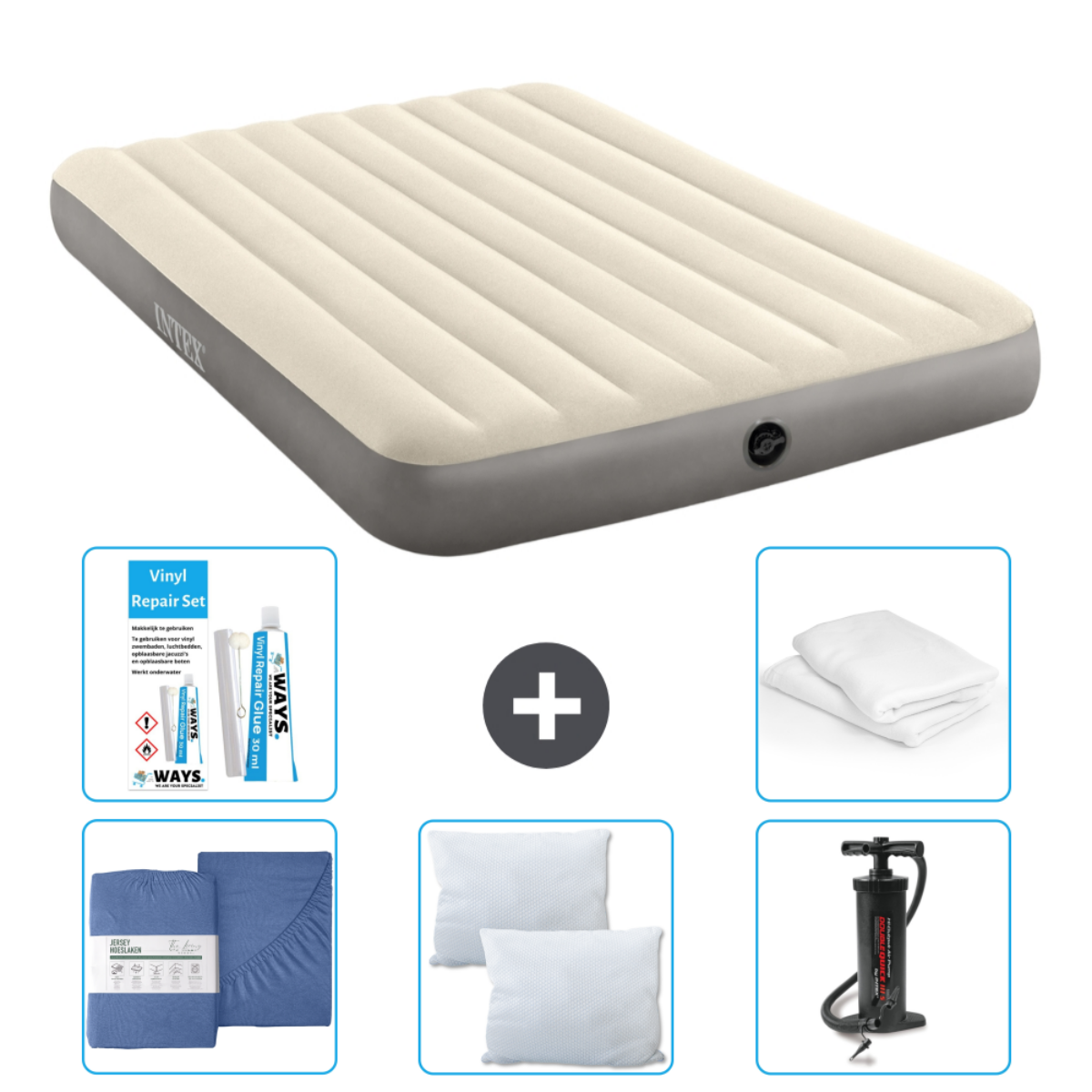 Matelas gonflable crème, draps, oreillers, pompe et kit de réparation.