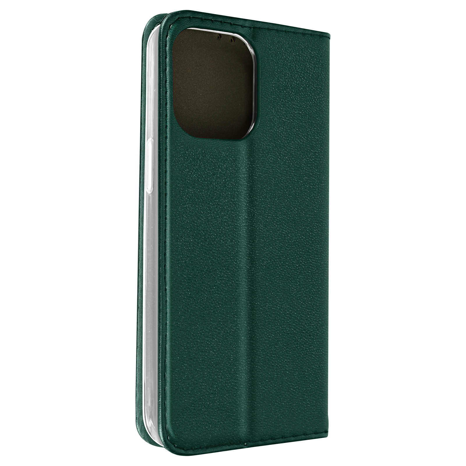 Custodia per telefono in pelle verde, chiusa, che mostra il ritaglio della fotocamera e l'interno.