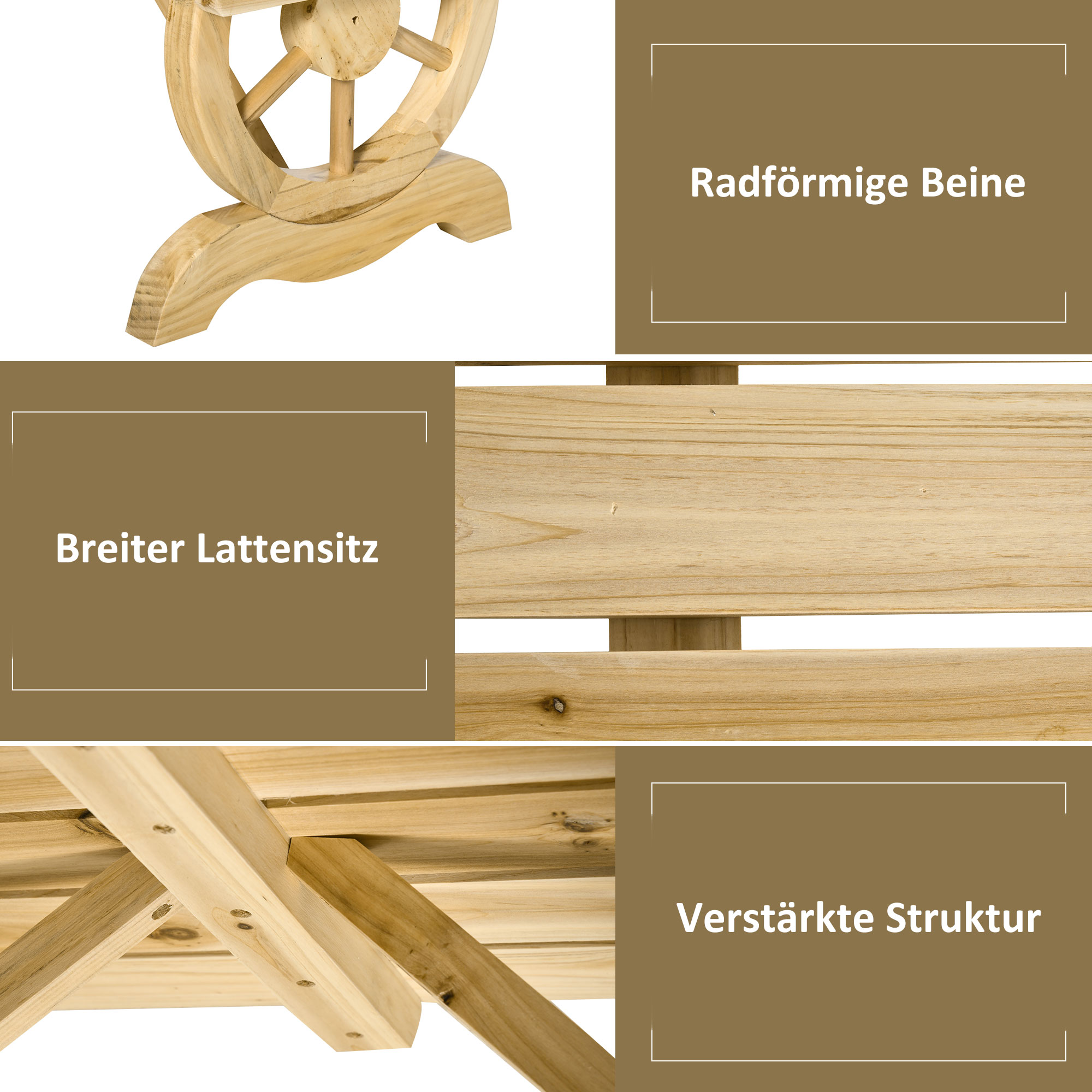 Nahaufnahme einer Holzbank mit radförmigen Beinen, breiten Latten und verstärkter Struktur.