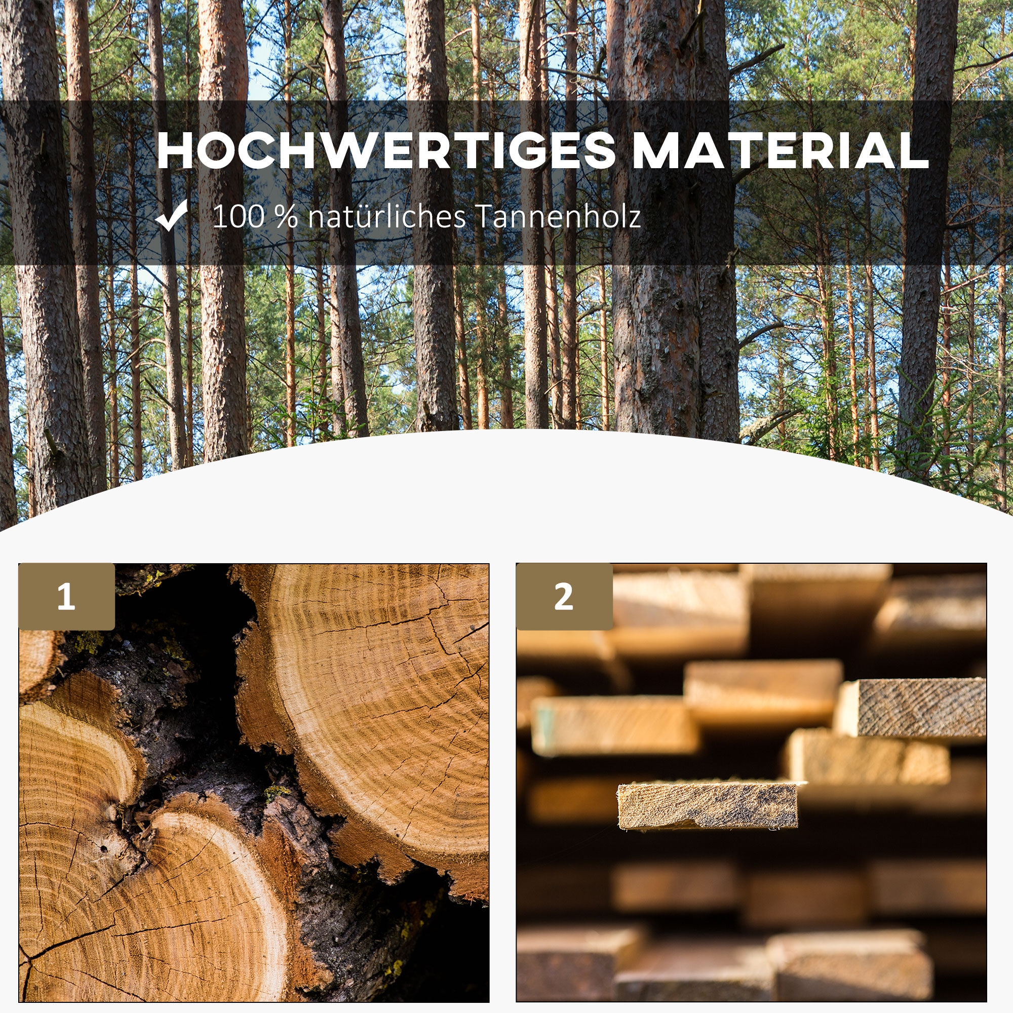 Holzscheiben und gestapelte Holzstücke, Nahaufnahme mit Wald im Hintergrund.