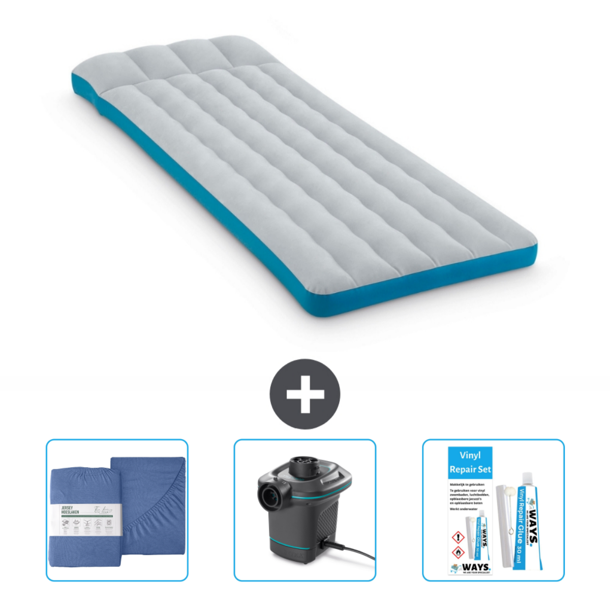 Een grijs en witte luchtmatras. Het matras zit in een pakket met een blauwe hoeslakenset, een reparatieset en een pomp.