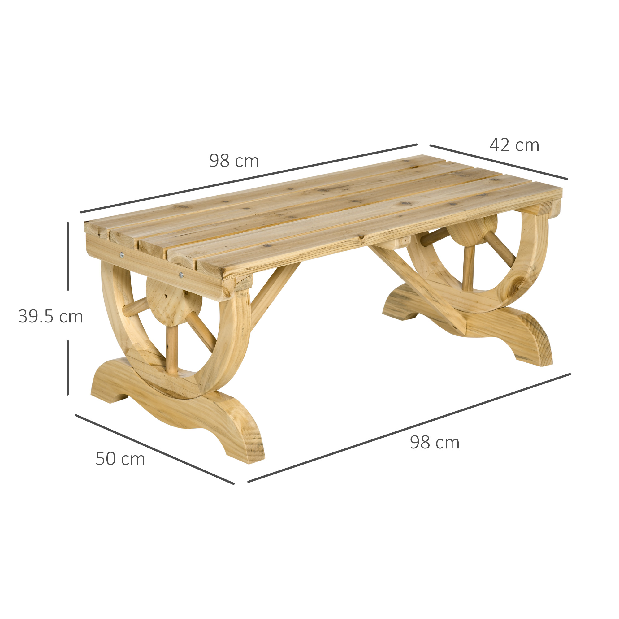 Panca in legno con misure, lati a forma di ruota. Colore marrone chiaro e design semplice.