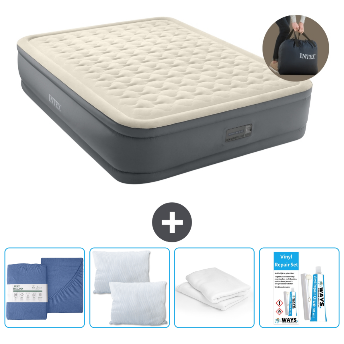 Beige luchtbed met beddengoed, kussens en reparatieset. Inclusief draagtas.