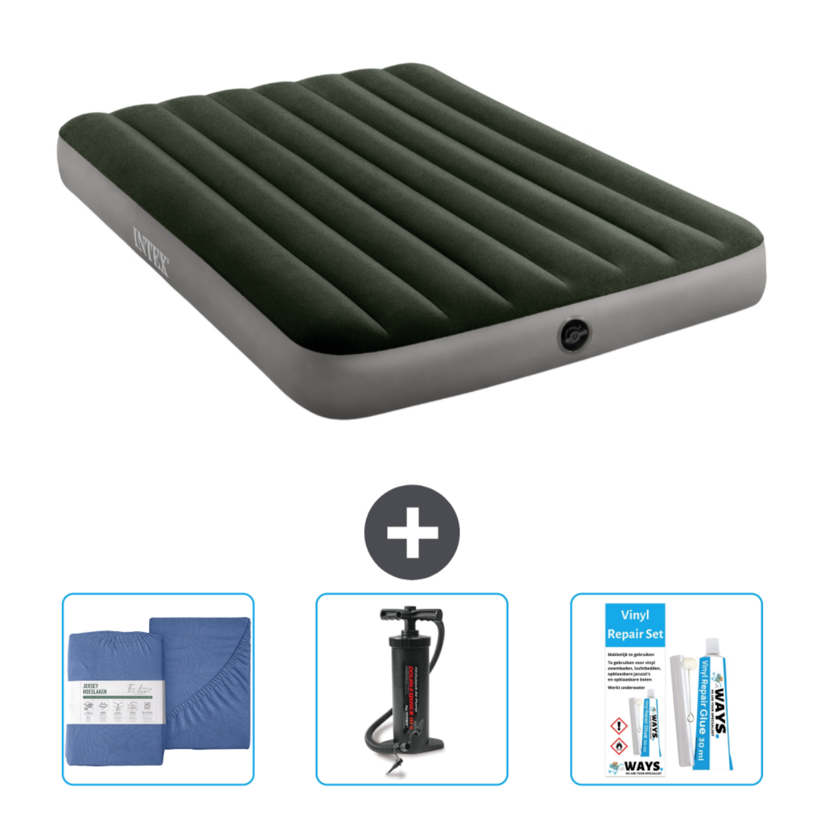 Matelas gonflable vert foncé avec draps, pompe, kit de réparation vinyle et un signe plus.