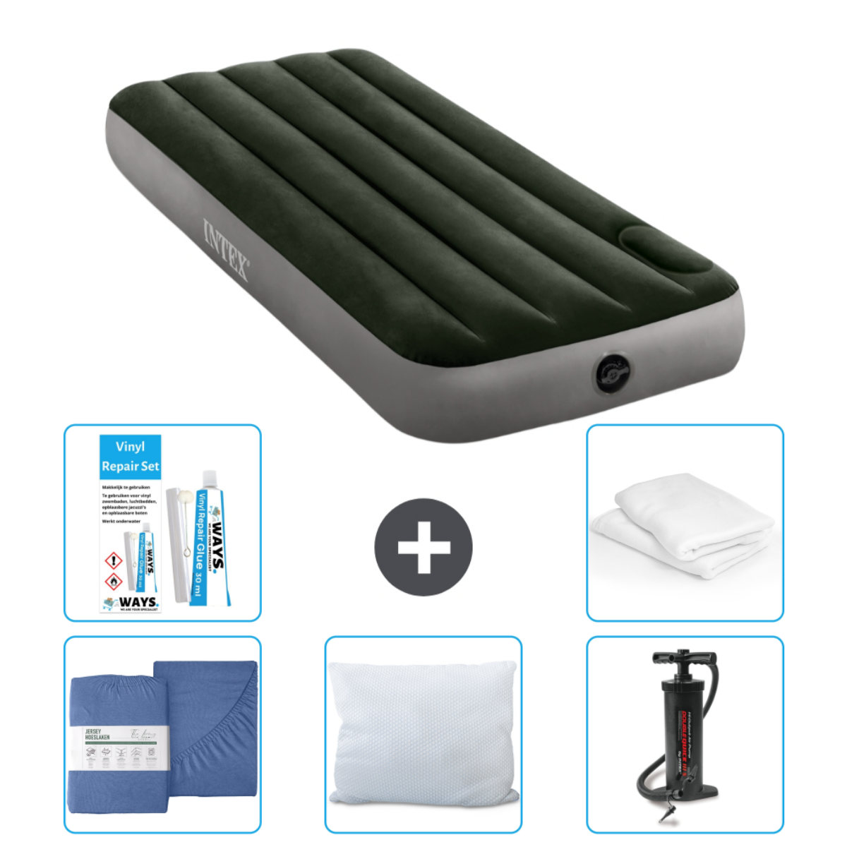 Matelas gonflable vert avec literie, oreiller, kit et pompe.