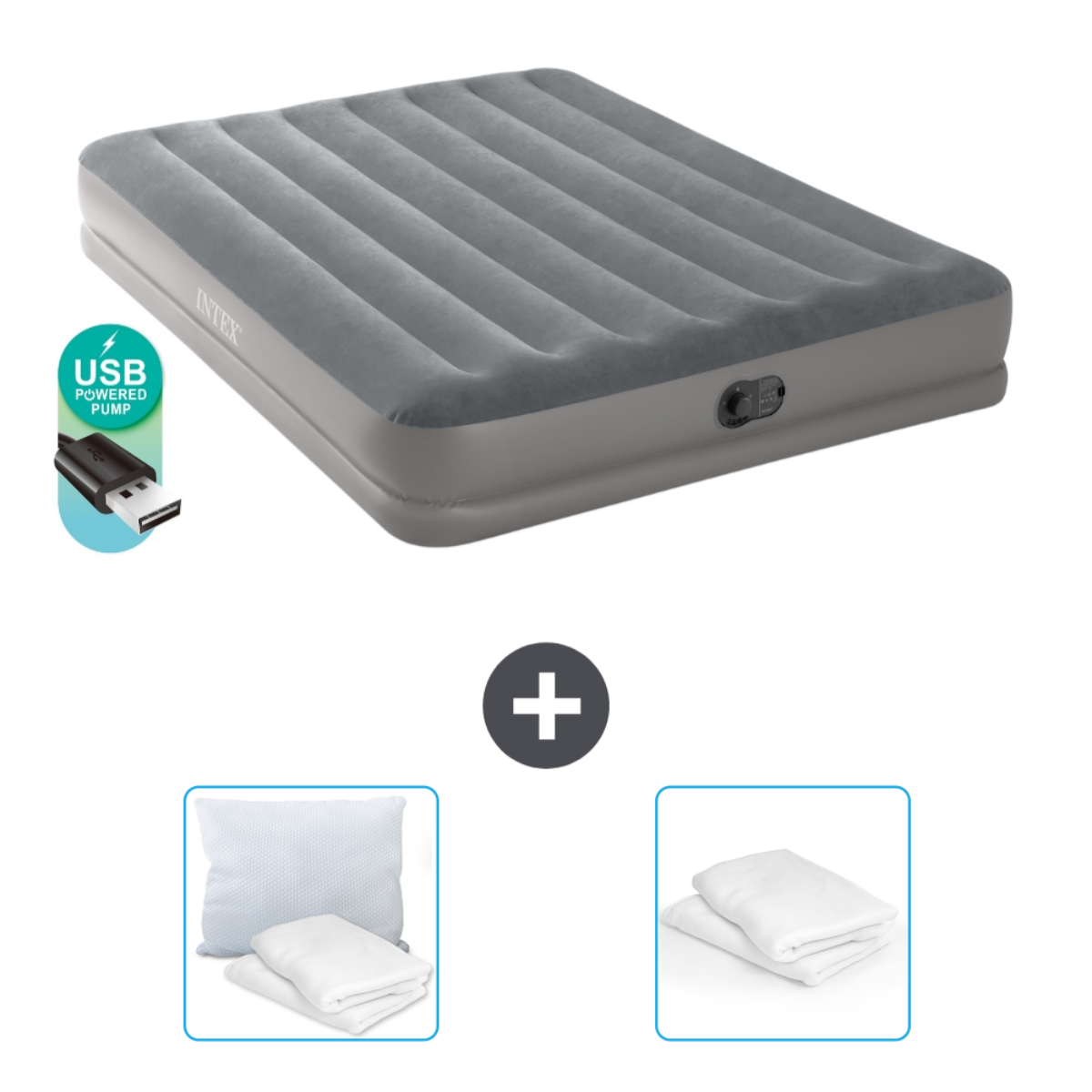 Grijze luchtmatras, USB-pomp, kussen en witte lakens.