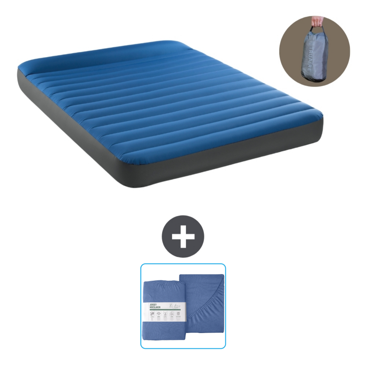 Lit gonflable bleu et gris avec draps et sac.