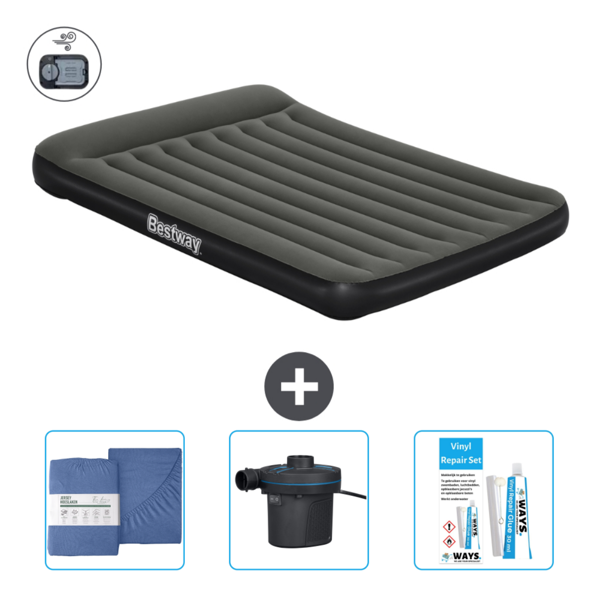 Zwarte Bestway luchtmatras met pomp, lakenpakket en reparatieset.