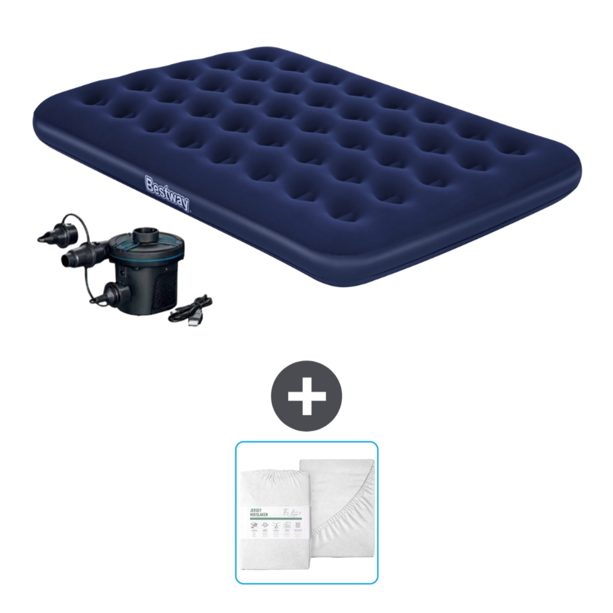 Matelas pneumatique bleu avec pompe électrique et draps.