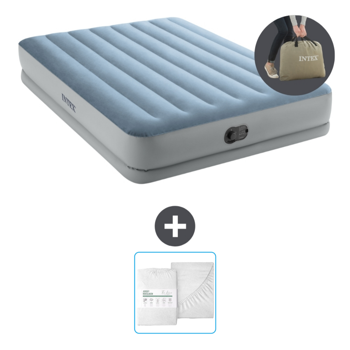 Matelas pneumatique bleu avec la marque Intex et un ensemble de draps blancs.