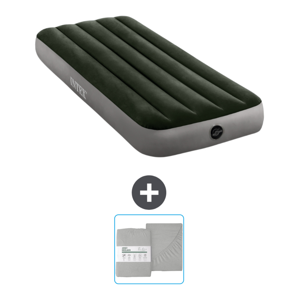 Groen opblaasbaar matras met lakens.