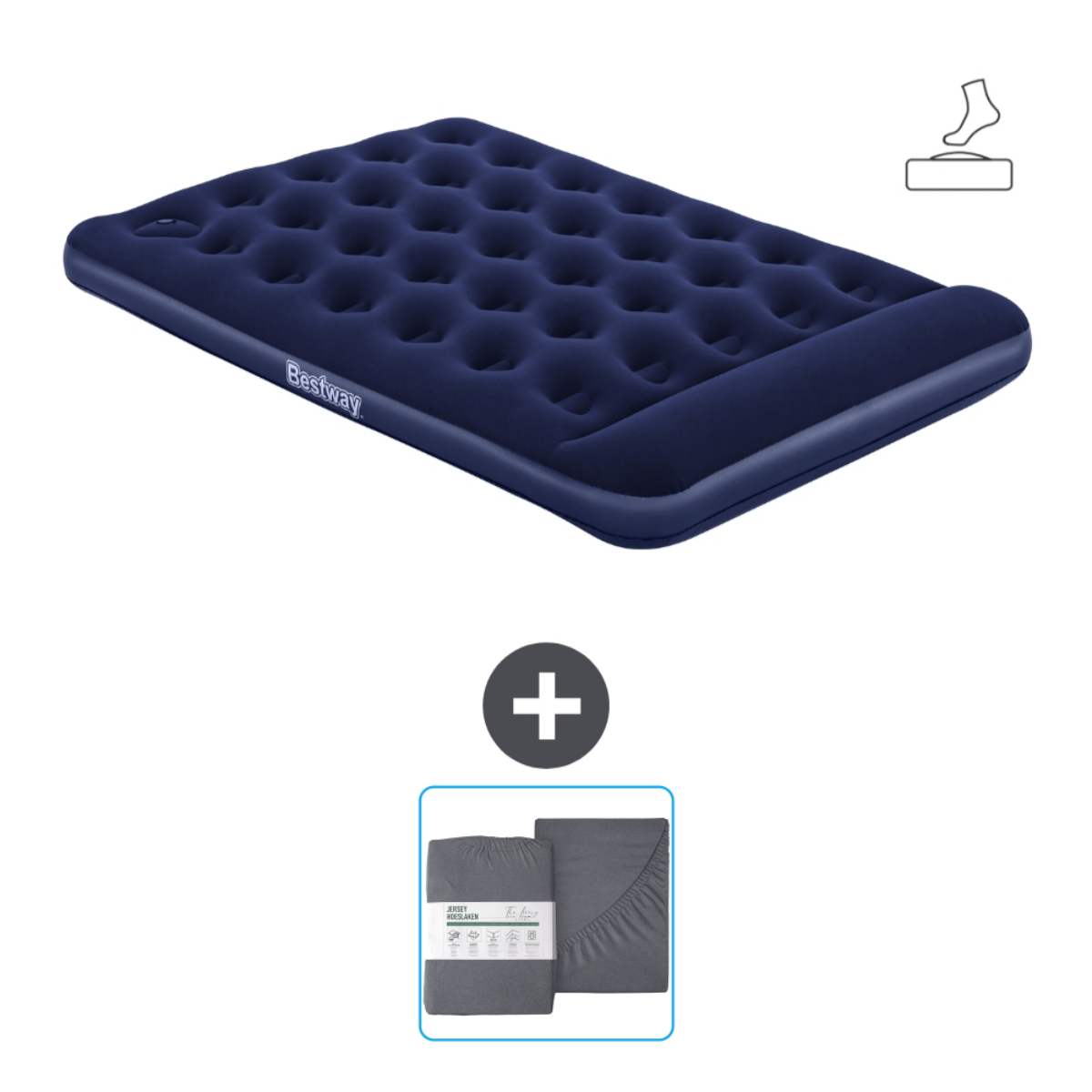 Blauw Bestway luchtbed en een grijze lakenset.