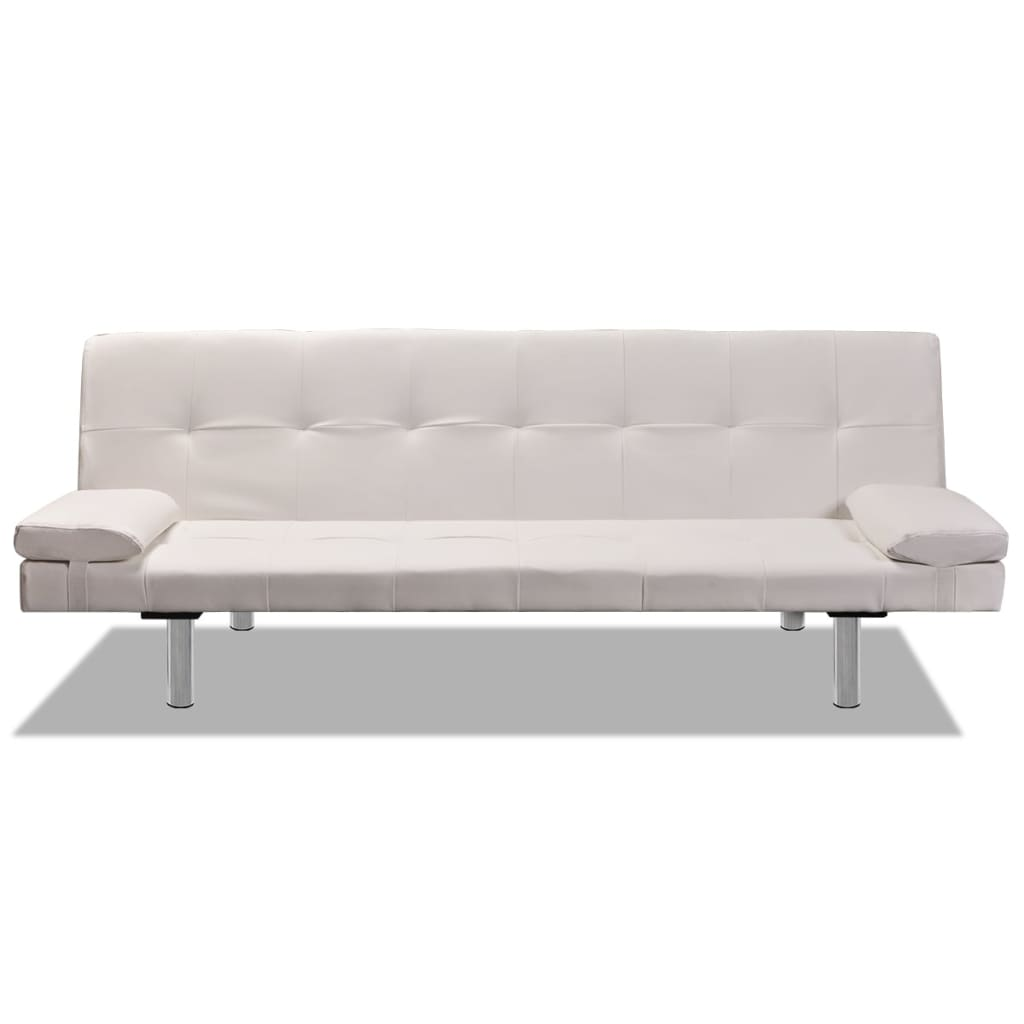 Weißes Futonsofa mit quadratischer Steppung, Chrombeinen und Armlehnen.