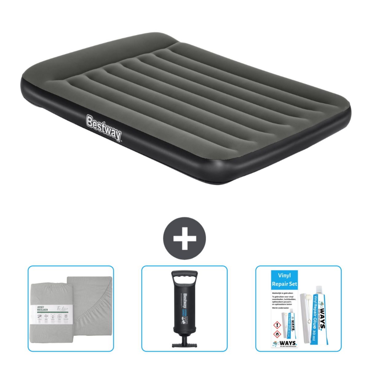 Een grijs opblaasbed van Bestway met een set lakens, een pomp en een reparatieset worden getoond.