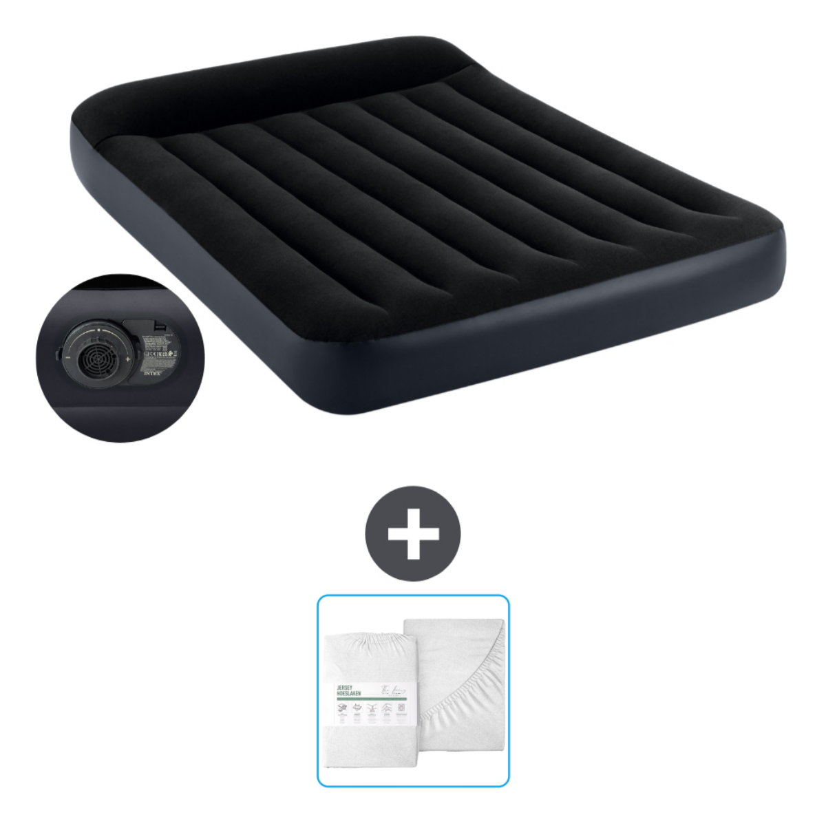 Matelas pneumatique Intex noir avec accessoires. Inclut une pompe et un ensemble de literie blanc.