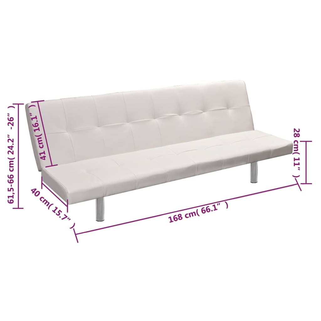 Weißes Sofa mit markierten Maßen, mit einer Diagrammdarstellung von Länge, Breite und Höhe.