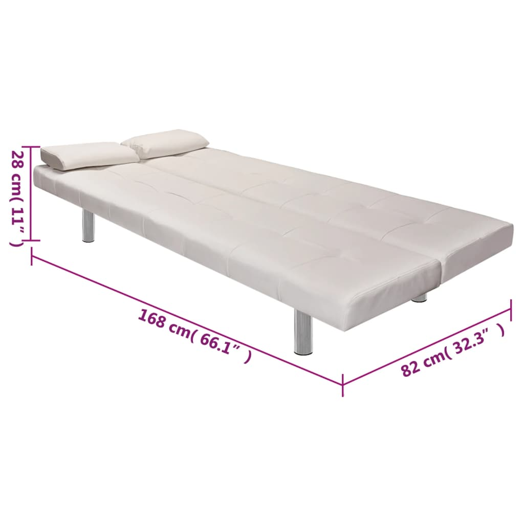 Weißes Leder-Futon mit zwei Kissen. Maße: 168cm Länge, 82cm Breite, 28cm Kissenhöhe.